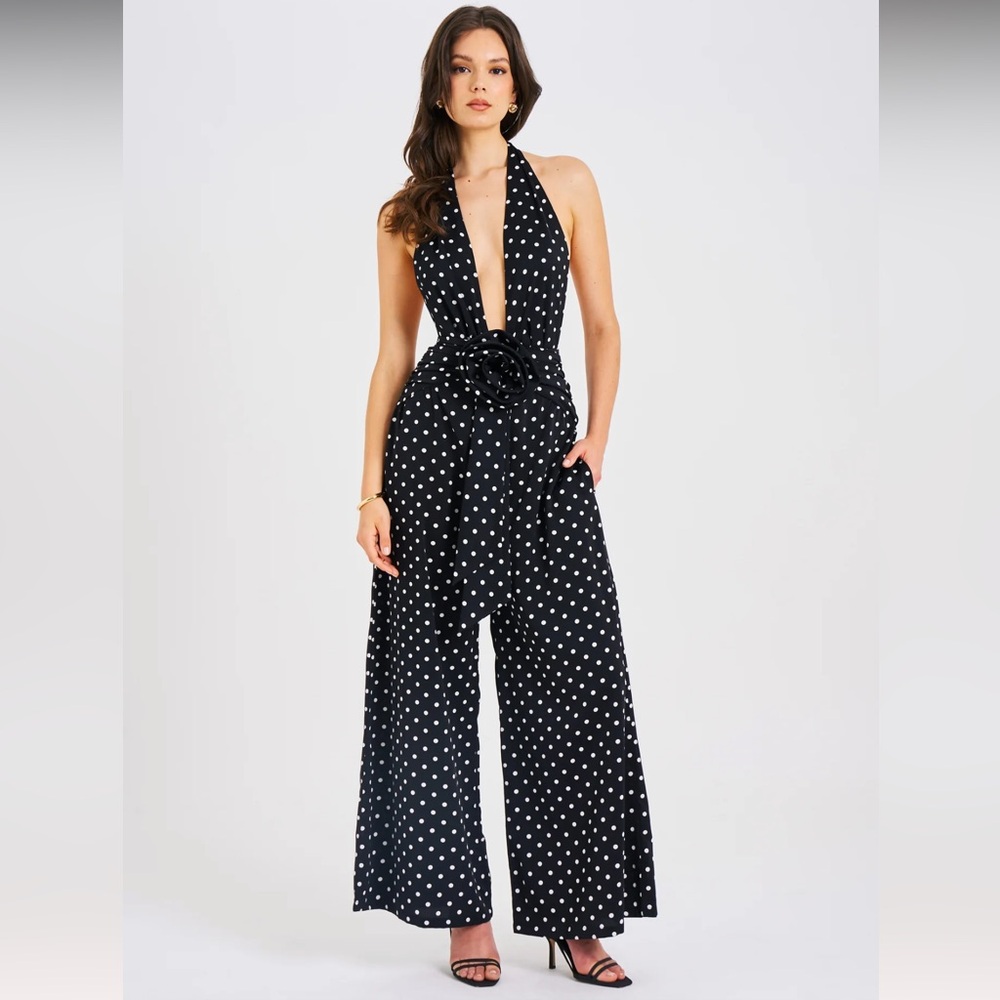 Miss Circle Oriana Black Polka Dots Halter Jumpsuit